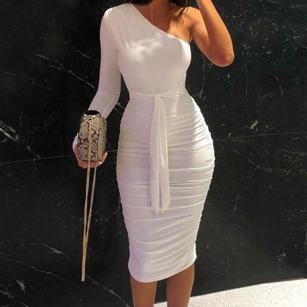 One Shoulder Ruched Design Bodycon Dress
